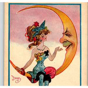 Fantasy Postcard Dwig Lady Sits On Crescent Moon Human Face Anthropomorphic Rose